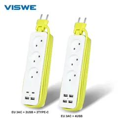 VISWE EU Plug Power Strip USB C 5V 3.1A,1.8m Extension Cable, 3 Russian Sockets with Usb Type-C Smartphone Charger