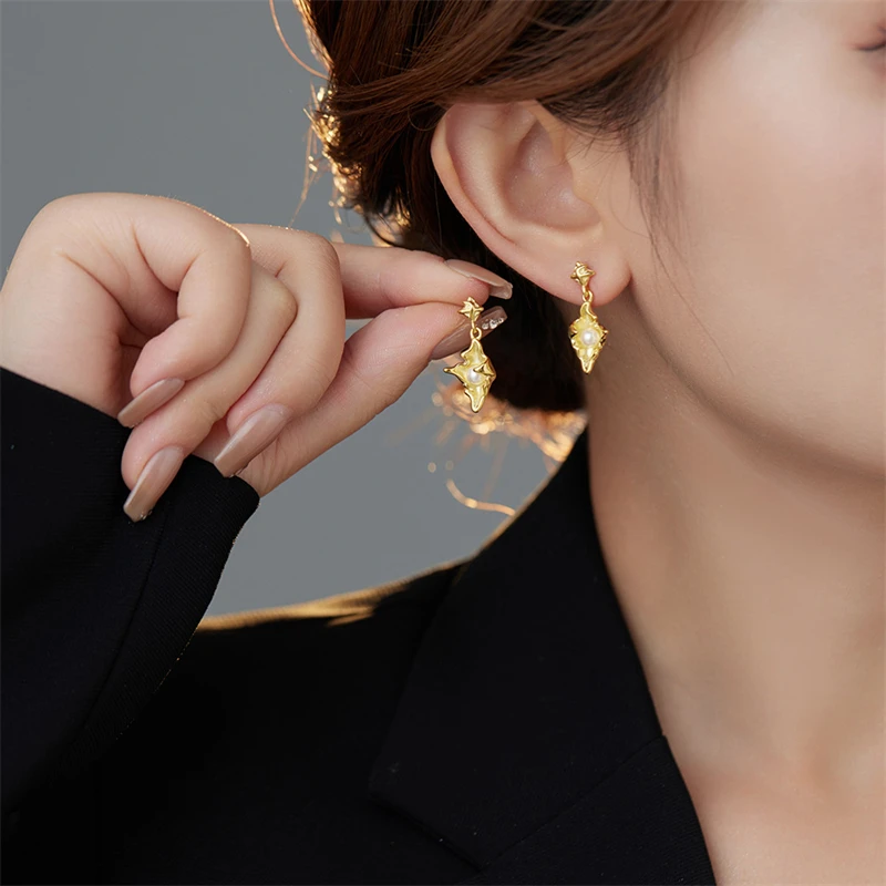 925 Sterling Silver Irregular Wave Texture Drop Earrings for Women Original Design French Elegant Pearl Earrings Party Jewelry