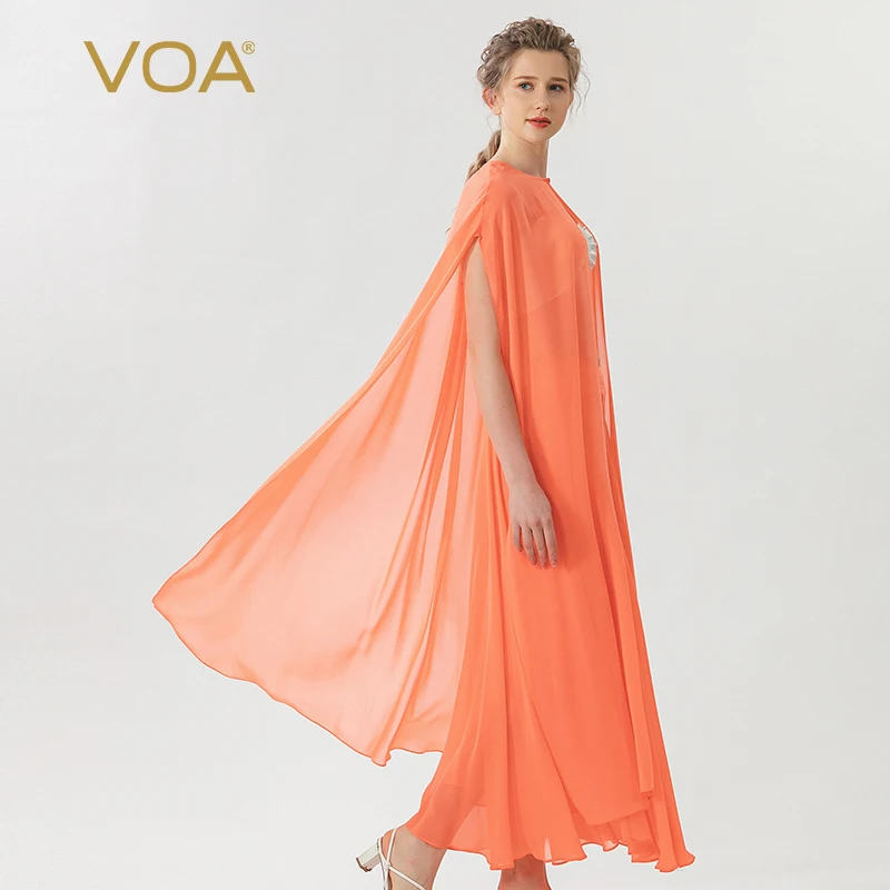 VOA Georgette Mulberry Silk Pomelo Orange Round Neck One-button Drape Short-sleeved Silk Sunscreen Cardigan Coat Women WE195