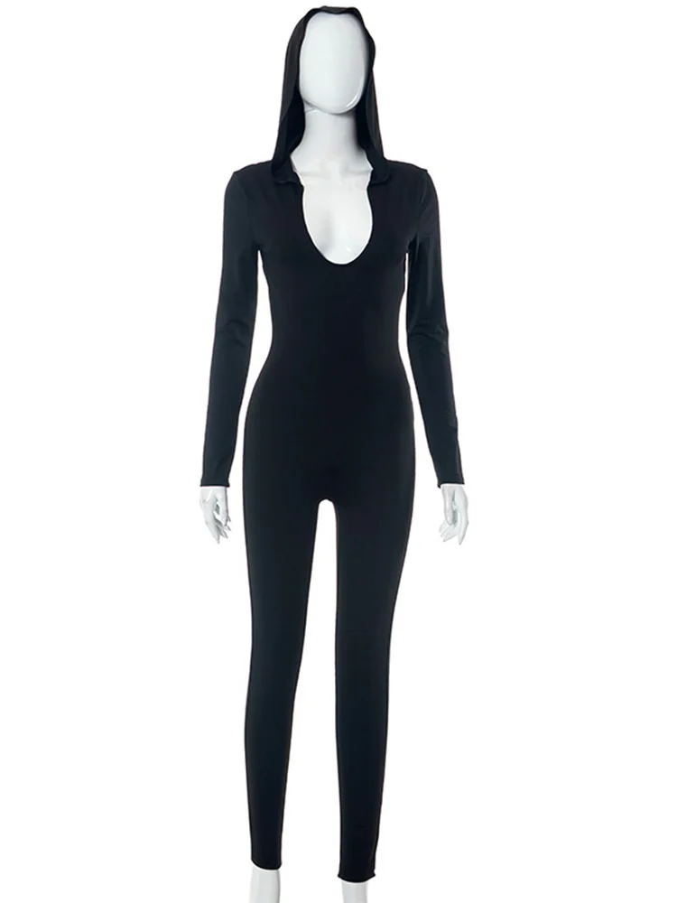 Sibybo Hooded Jumpsuits For Women Backless Tight Solid Romper Autumn And Winter Long Sleeve High Waisted Women's Streetwear