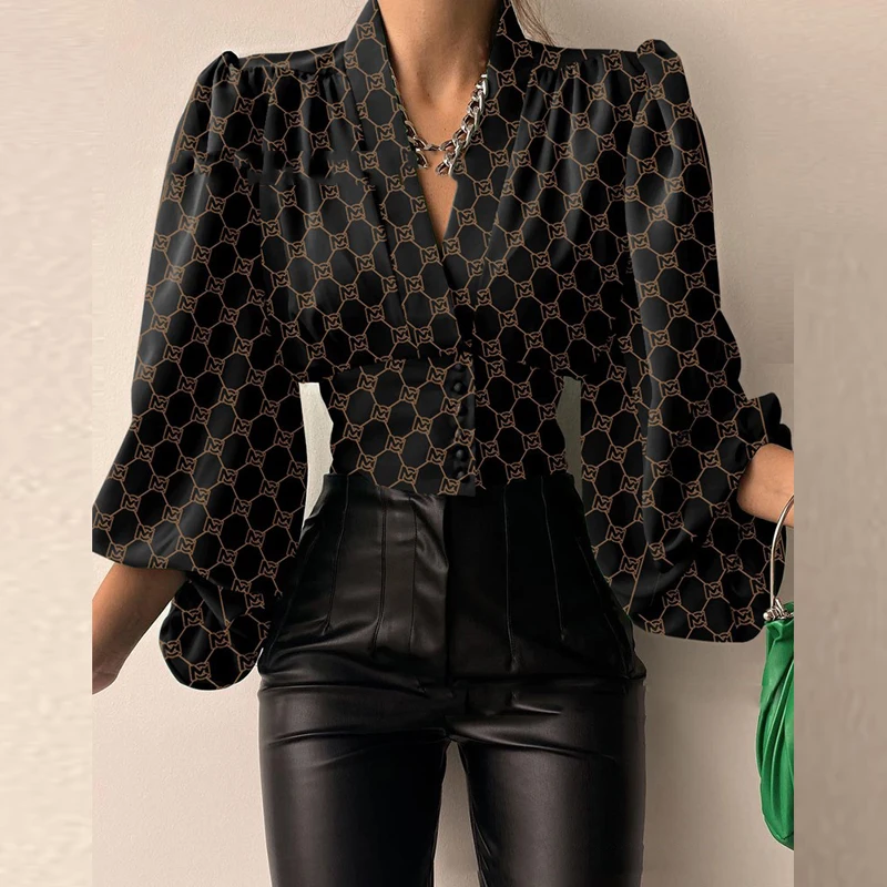 

Ladies Office Shirts Vintage Plaid Print Casual Pullover Tops Elegant Women Loose Blouse 2022 Spring Fashion V Neck Long-sleeved