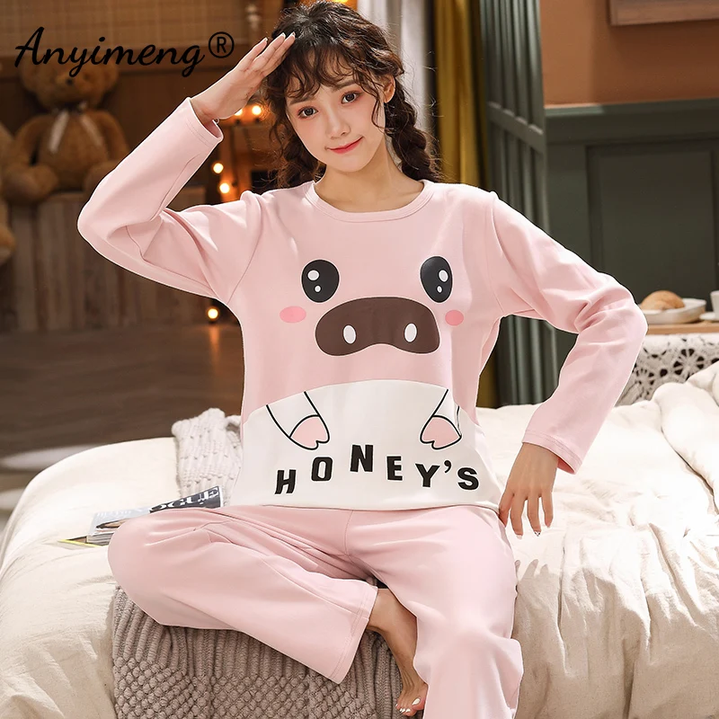 mens sleep wear Autumn Winter Cotton Sleepwear Man and Women Matching Pajamas Long Sleeved Pullover Cartoon Printing Couple's Loungewear Fashion mens silk pajama set Pajama Sets