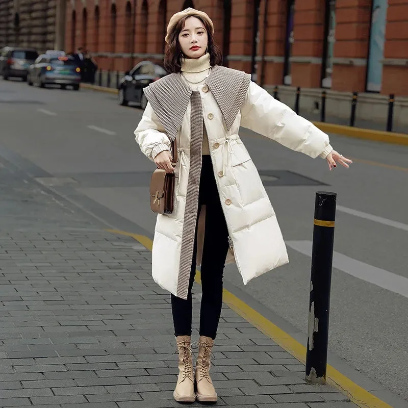 2023 New Popular Doll Large Polo Neck Temperament Waist Wrapped Down Coat Women Mid length Over Knee White Duck Down Coat Trend