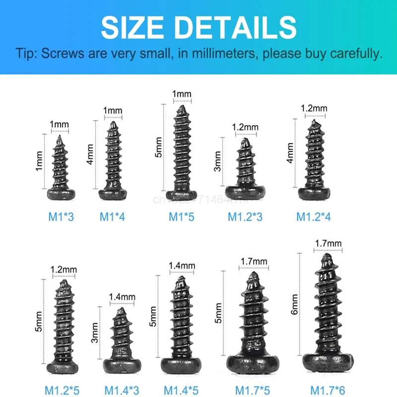 Self Tapping Screw Kit 500/1000pcs/set M1 M1.2 M1.4 M1.7 Mix Pa Phillips Head Micro Screws Round Head Self-tapping Electronic Small Wood Screws Kit