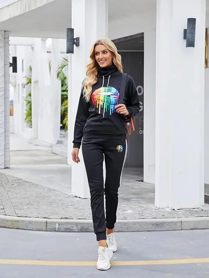 Womens Casual Lip Print Tracksuit Pants Set