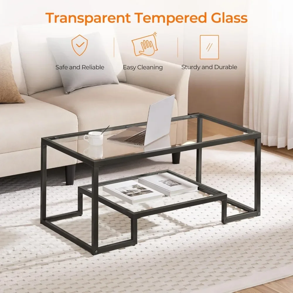 Coffee Table, Tempered Glass Coffee Table, Modern Simple Center Tables w/Geometric-Inspired Design & Metal-Frame & Easy Assembl