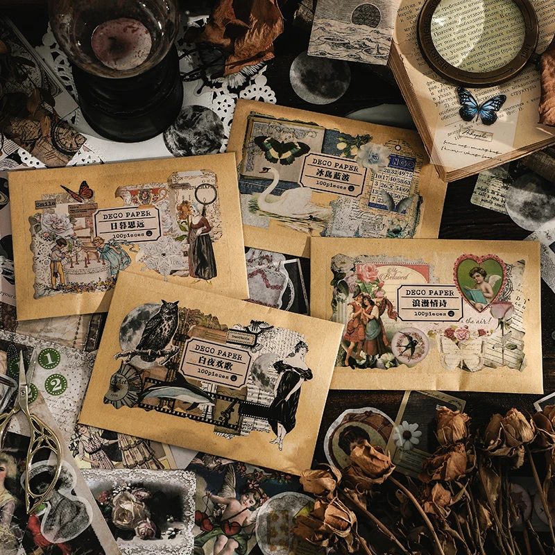 Vintage Scrapbooking Stickers 100Pcs/Set DIY Journaling Scrapbook Adhesive Washi Paper Stickers Set Antique Retro Natural