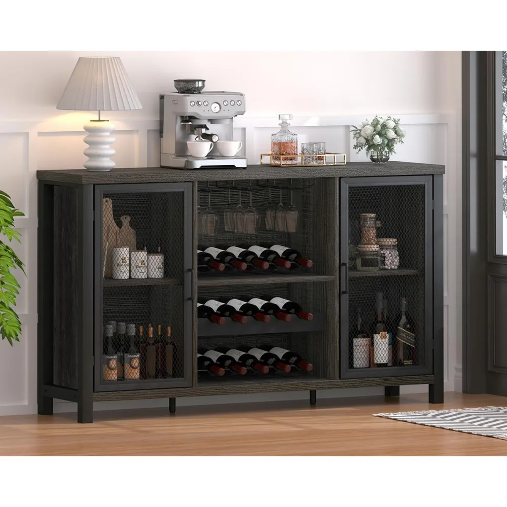 Industrial Wine Bar Cabinet, Rustic Coffee Cabinet for Liquor and Glasses, Farmhouse Home Dining, Kitchen Sideboard Buffet