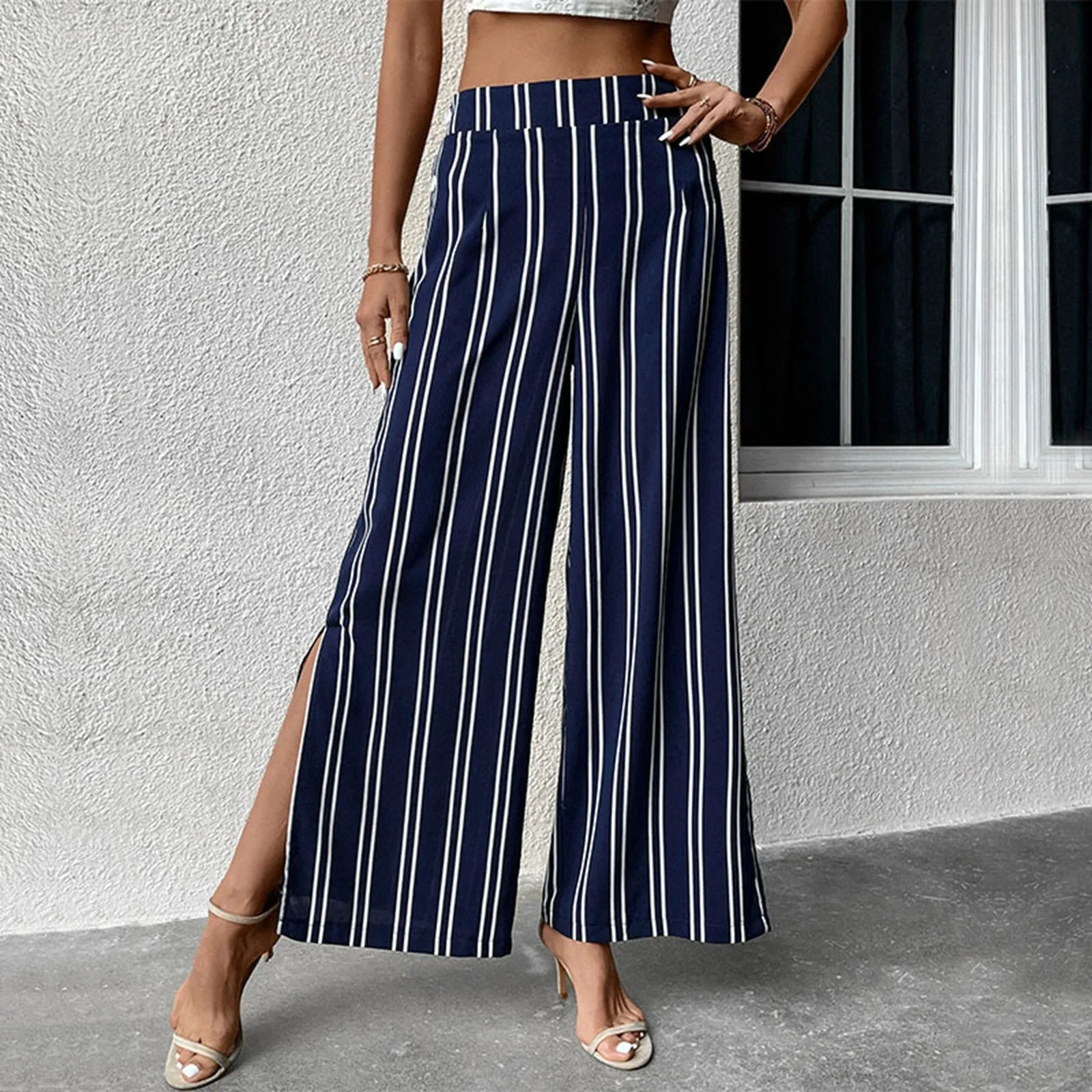 

Women's Striped Side Slit Strip Pants High Waist Wide Leg Trousers Vintage High Waist Straight Capri Pants Ladies Office Casual