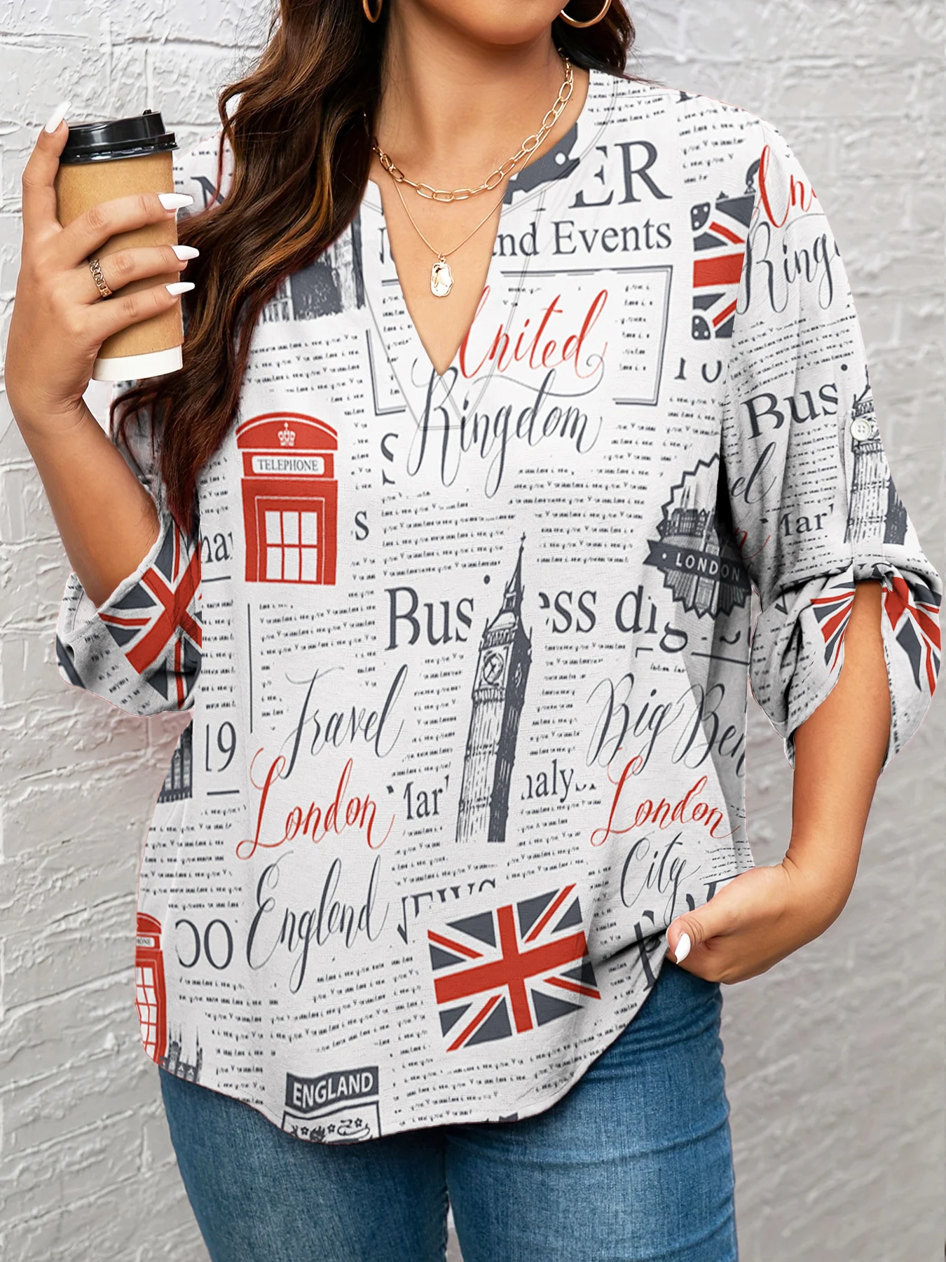 

Fashion Women Shirts English London Newspaper Flag 3D Printed Tops V-neck Long Sleeve T-shirts Famale Casual Clothing L-5XL