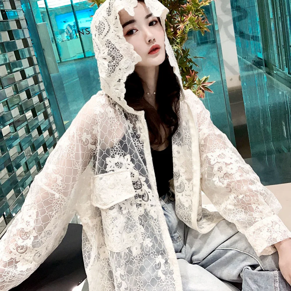 

Ladies Apricot Lace Mesh Cardigan Sheer Zip Up Hoodie Embroidered Sunscreen Coat