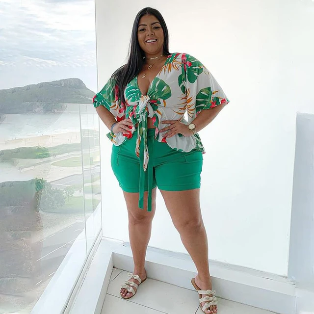 Mais Tamanho Dois Conjuntos De Peça Feminina Camisa De Impressão E Calça  Verão Sexy Com Decote Em V Topo Moda Feminina Camisola Casual Malha Roupas  - Conjuntos Plus Size - AliExpress