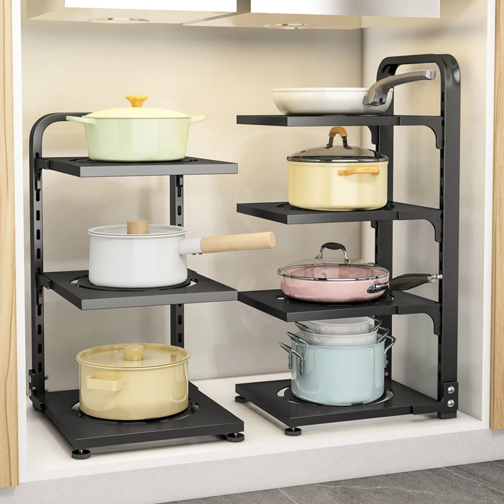 Kitchen Storage Rack,Adjustable Pot Storage Rack Under Cabinet, Free Layering Snap-On Pot Rack for Kitchen Organization Storage