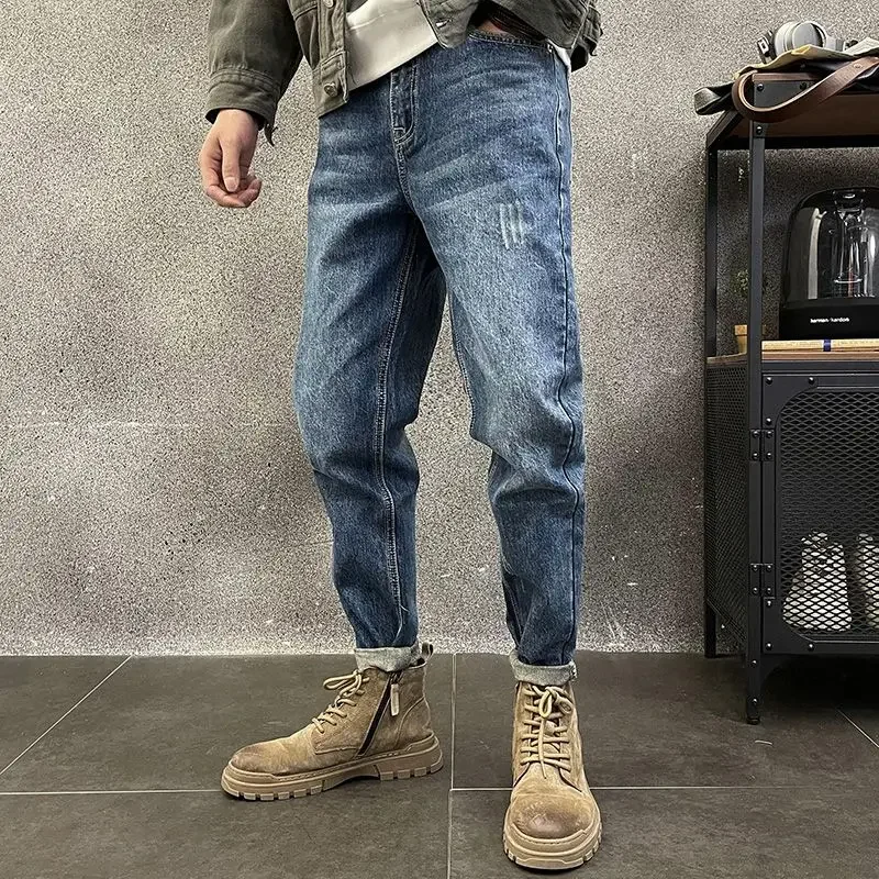 

Man Cowboy Pants with Pockets Trousers Tapered Men's Jeans Cropped Cotton Washed Clothes Y2k 2000s High Quality Autumn Clothing