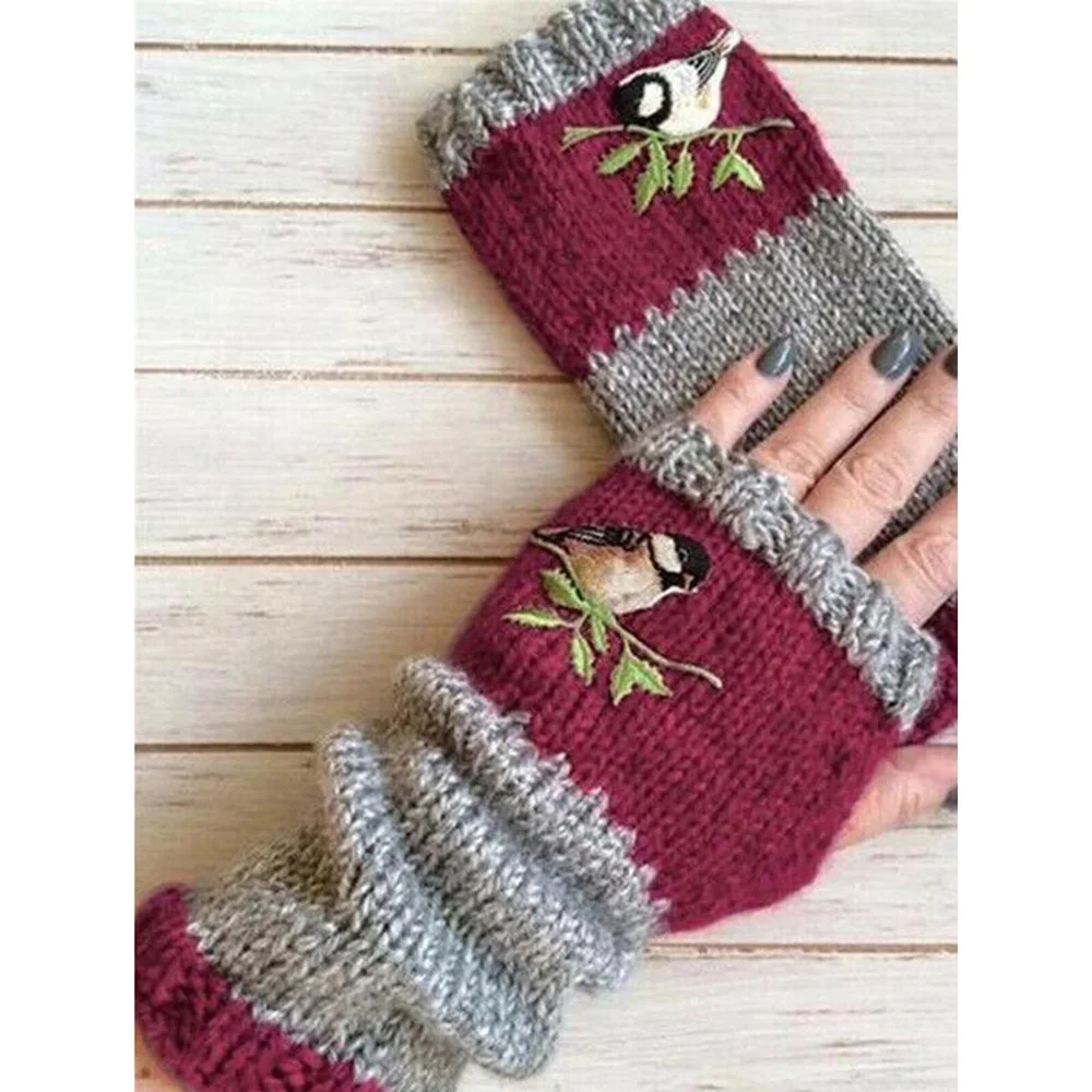 Warm Stitching Embroidered Gloves Cozy Wool Thick Fingerless Winter Gloves Tendonitis Lining Cold Weather Gifts