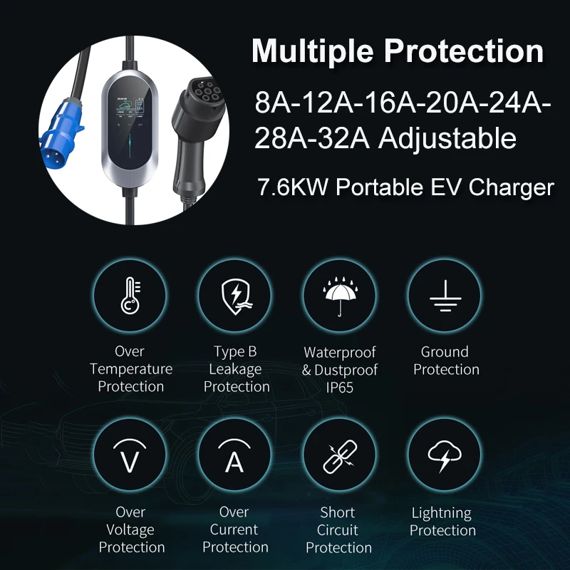 CTOLITY EV 충전기 타입 2 충전 케이블, 전기 자동차용 CEE 3 핀 충전 스테이션, AC 110 240V 고속 충전기, 32A, 7.6KW