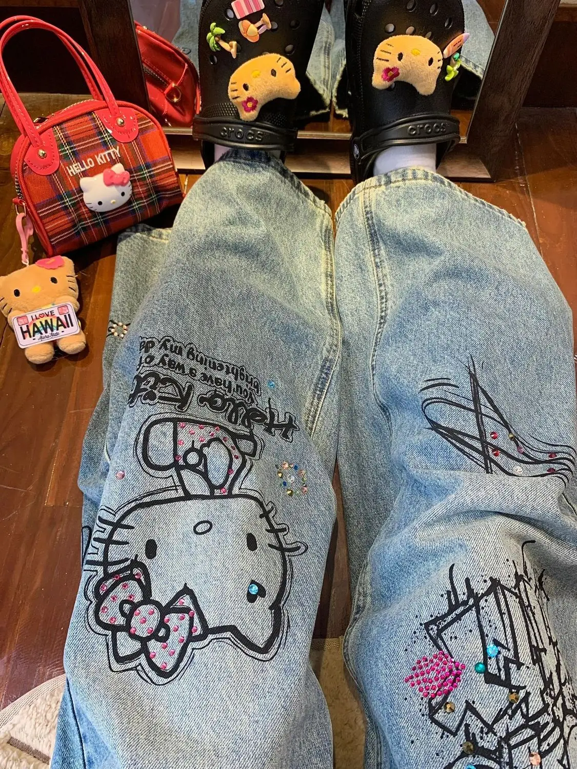 Hello Kitty Sanrio Printed Cargo Jeans Summer Y2k Harajuku Cargo