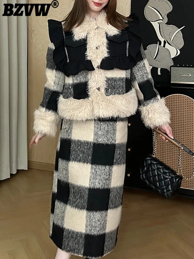 

BZVW Wool Coat Women's Designer Thickened Warm Checkered Skirt Two Piece Set 2023 Winter New Temperament Female Sets 25X3622