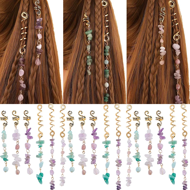 Perles de charme en spirale pour femmes, tresses en pierre de cristal coloré, barrettes de cheveux, épingle à cheveux vintage, accessoires de dreadlock, bijoux