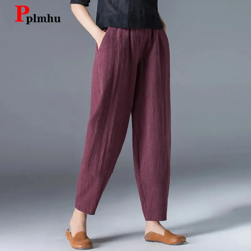 

Mom Cotton Linen Bloomers Pants Casual Women High Waist Harem Ankle-length Pantalones New Fashion Baggy Big Size 4xl Trousers