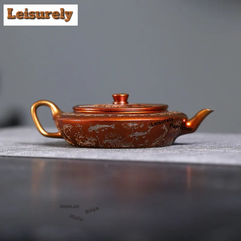 190ml Yixing Purple Clay Teapots Handmade Flat Pot Raw Ore Stone Yellow Mud Conch Roasting Gold Sand Kettle Zisha Tea Set Craft