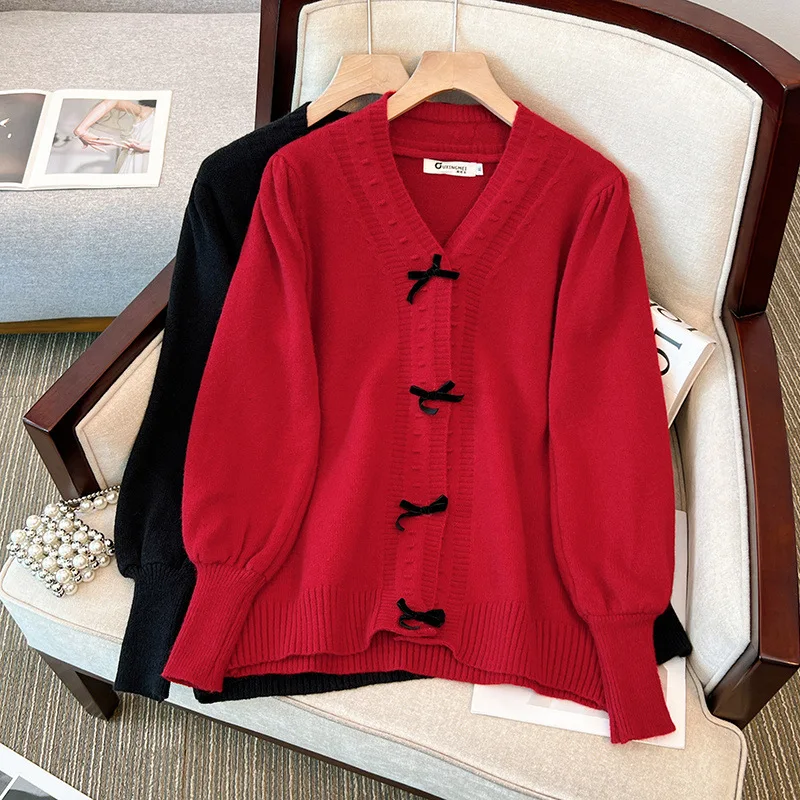 150Kg Plus Size Women's Bust 150 Spring Winter Loose V-Neck Bow Sweater Long Sleeved Knitted Coat Black Red 5XL 6XL 7XL 8XL 9XL