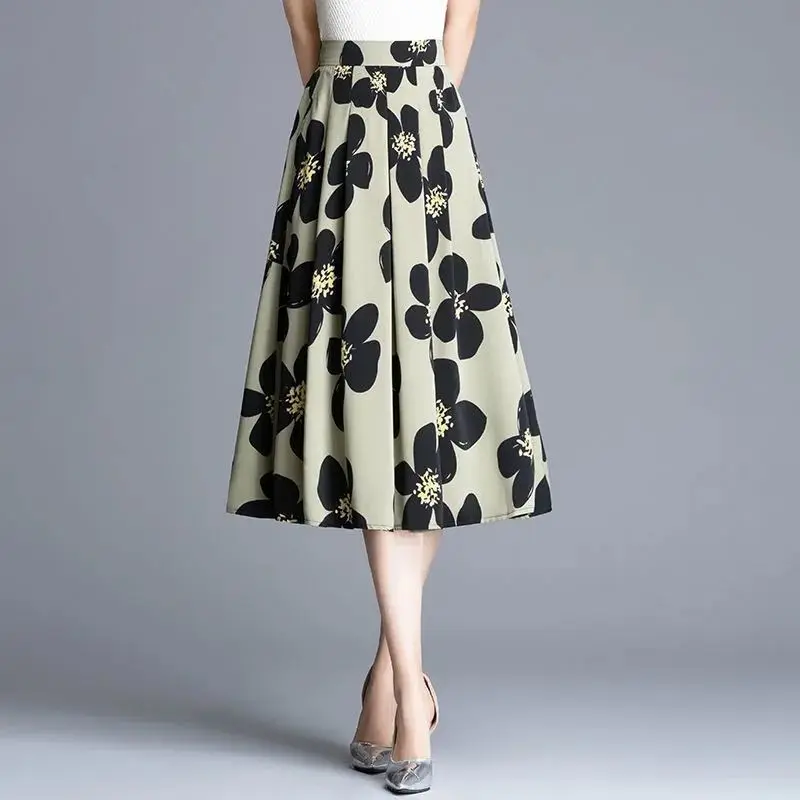 Summer New Fashion Simple Elegant High Waist Chiffon Wide Leg Pants Women Print Pockets Loose Casual Straight Thin Floral Skirts