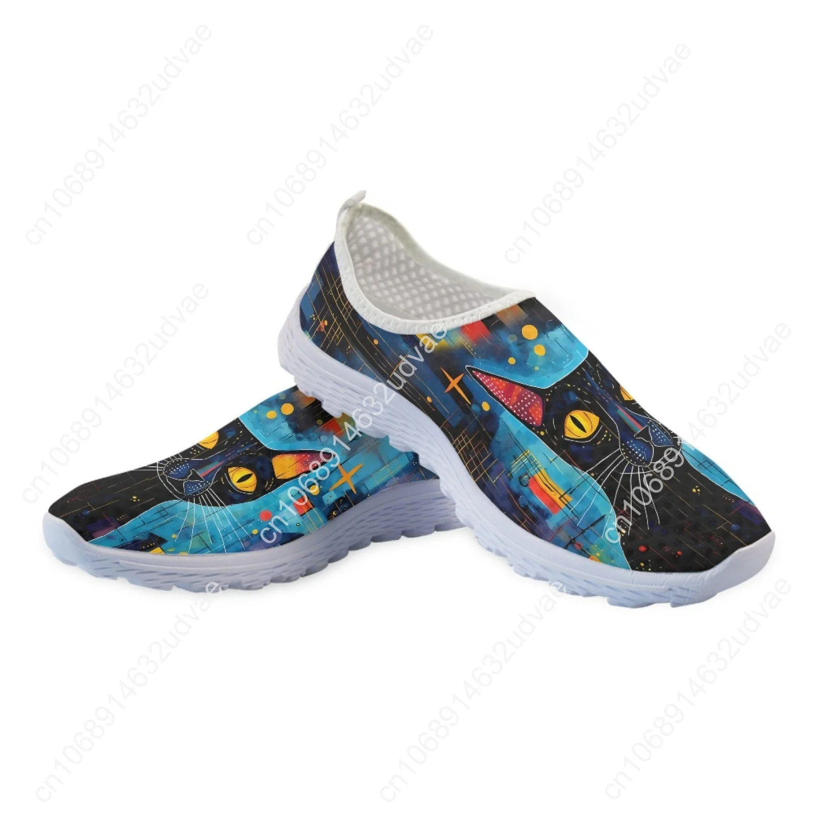 Slip On Shoes For Women Hand Painted Black Cat Designer Summer Mesh Shoes Lightweight Home Loafers Cartoon Cat Shoes