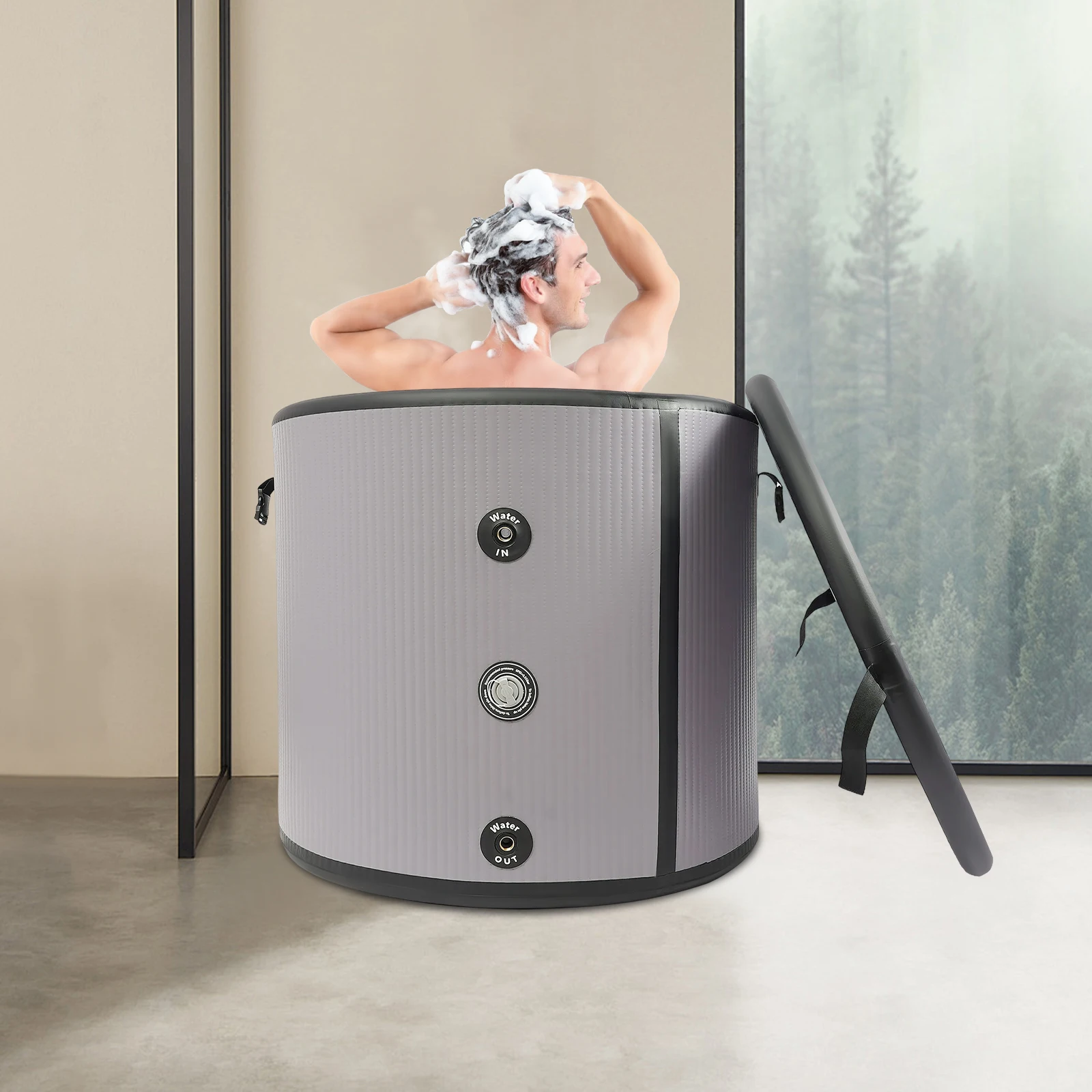 Portable PVC Ice Bathtub,380L Grey Round Inflatable Cold Bathtub Freestanding 90*76cm for Bathroom,Shower Room