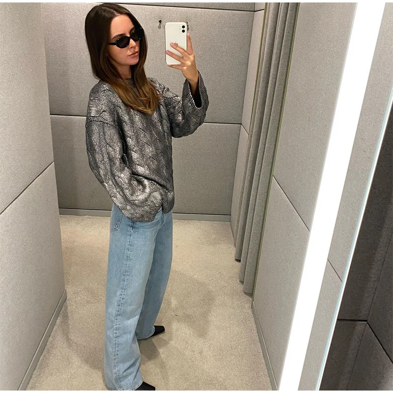 Vintage Knitted O-neck Sweater Women Casual Loose Sliver Long Sleeve Pullover Sweaters Female Winter Chic High Street Knitwear