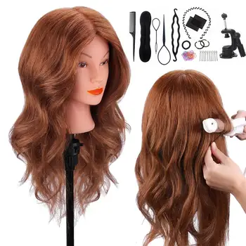 100%Real Hair Doll Head For Curling Straightening Dyeing Braiding Hairdressing Dark Brown Mannequin Head Training Head Kit
