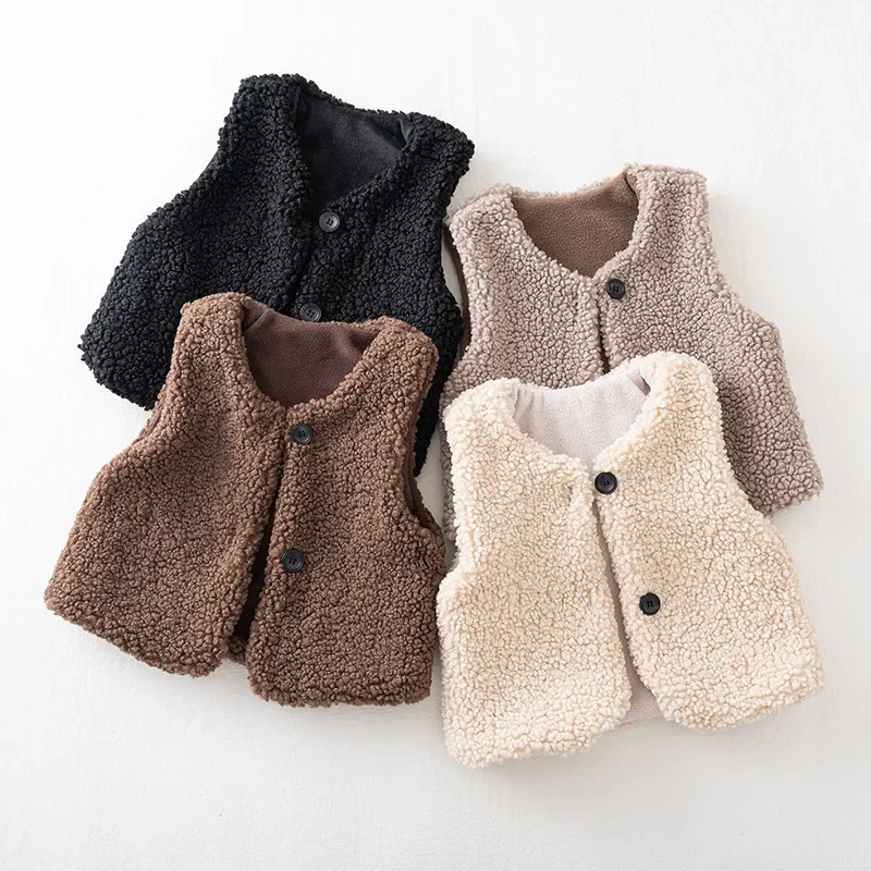 Children Vest Autumn Winter Baby Lamb Wool Plus Velvet Single Breasted V Neck