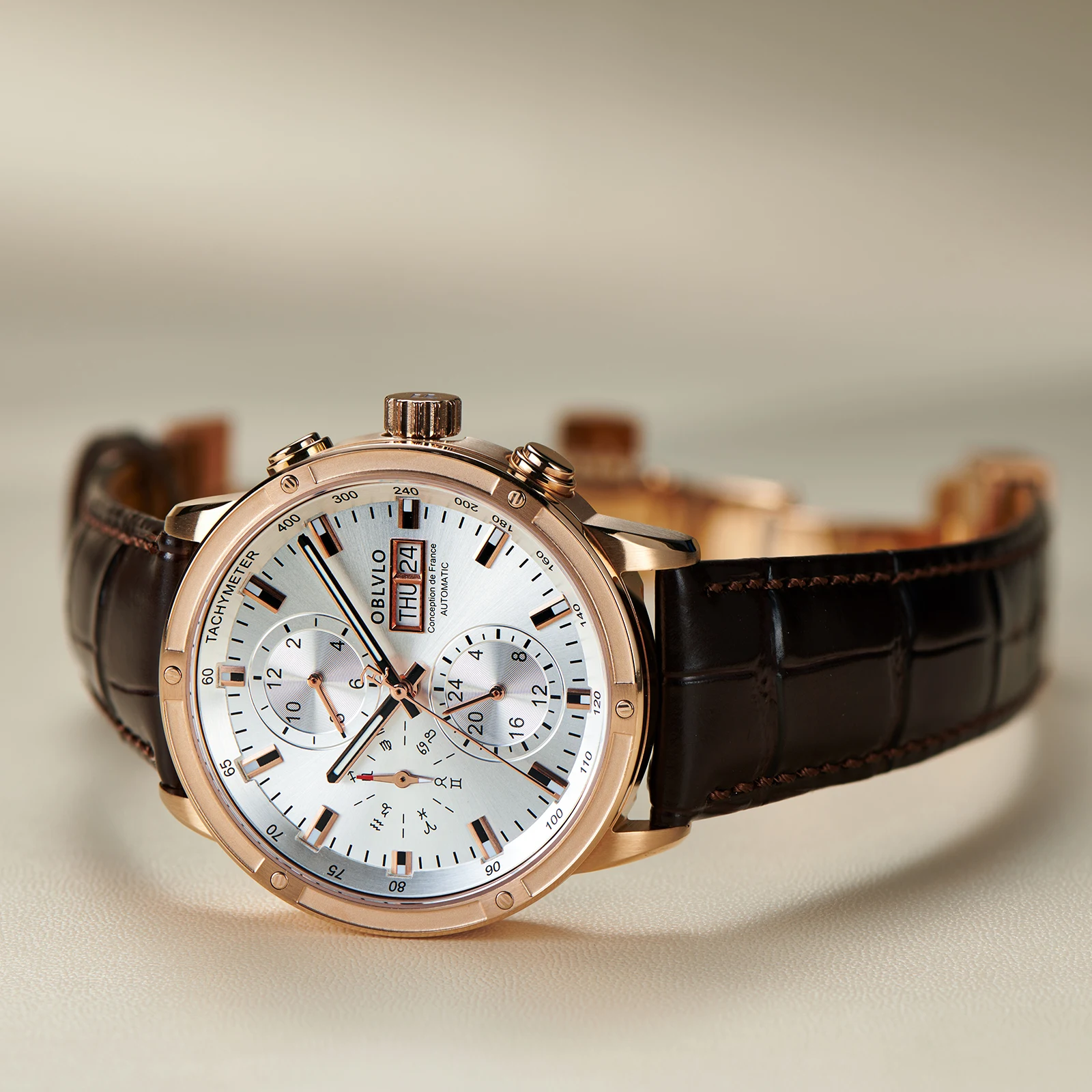 OBLVLO Orologio Automatico Da Uomo – Meccanico A Carica Automatica, Cinturino In Pelle, Vetro Zaffiro, Impermeabile 5 Bar
