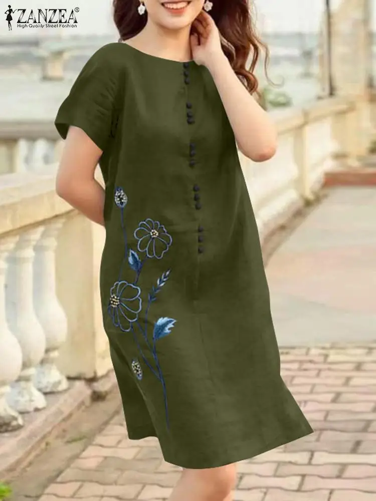 

ZANZEA Vintage Dress Women 2023 Summer O-neck Robe Casual Embroidery Flower Short Sleeve Knee-length Dress Holiday Solid Vestido