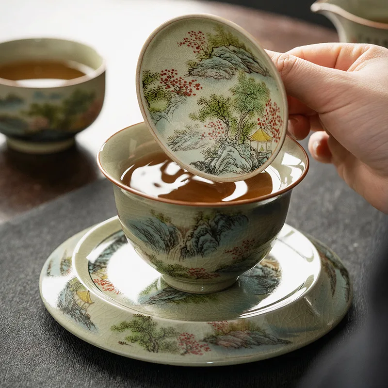 Retro Porcelain Gaiwan Pot Tray Tea Cup High-End Single Gaiwan Large Capacity Tea Making Hand-Held Cup Kung Fu Set