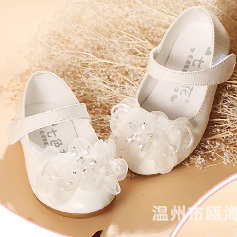 White Pink Flower Children Little Girls Princess Leather Shoes For Toddlers Baby Wedding Party Shoes 1 2 3 4 5 6 Years Old Shoe 6