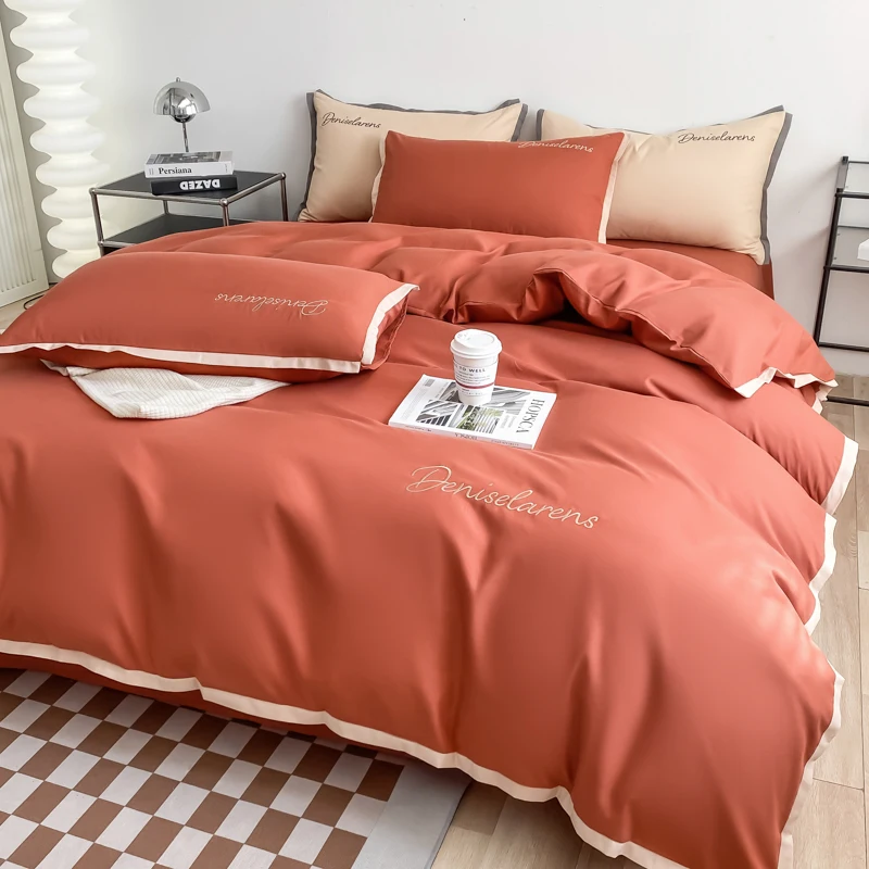 

Hot Sales Pure Cotton Solid Color Three Piece Set Four Piece Bedding Set Duvet Cover with Bed Sheet Pillow Cover Tangerine