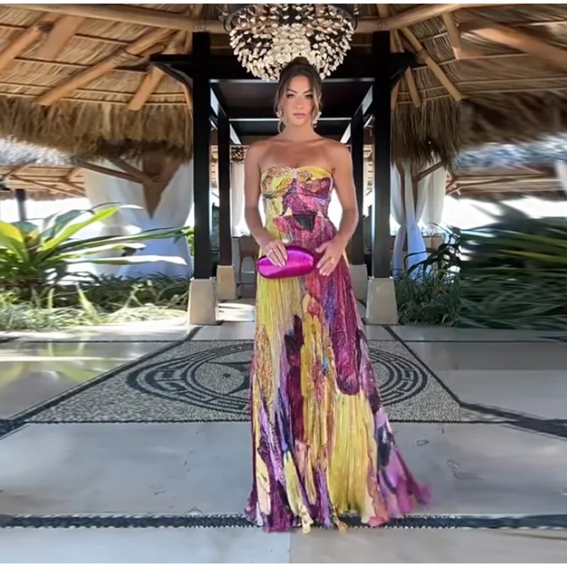 Plissee Gedruckt Trägerloses Kleid Boho Ärmel Slim Fit Off Schulter Party Kleid Roben Strand Falten Frauen Flauschigen Lange Kleider Neue – Detail 14