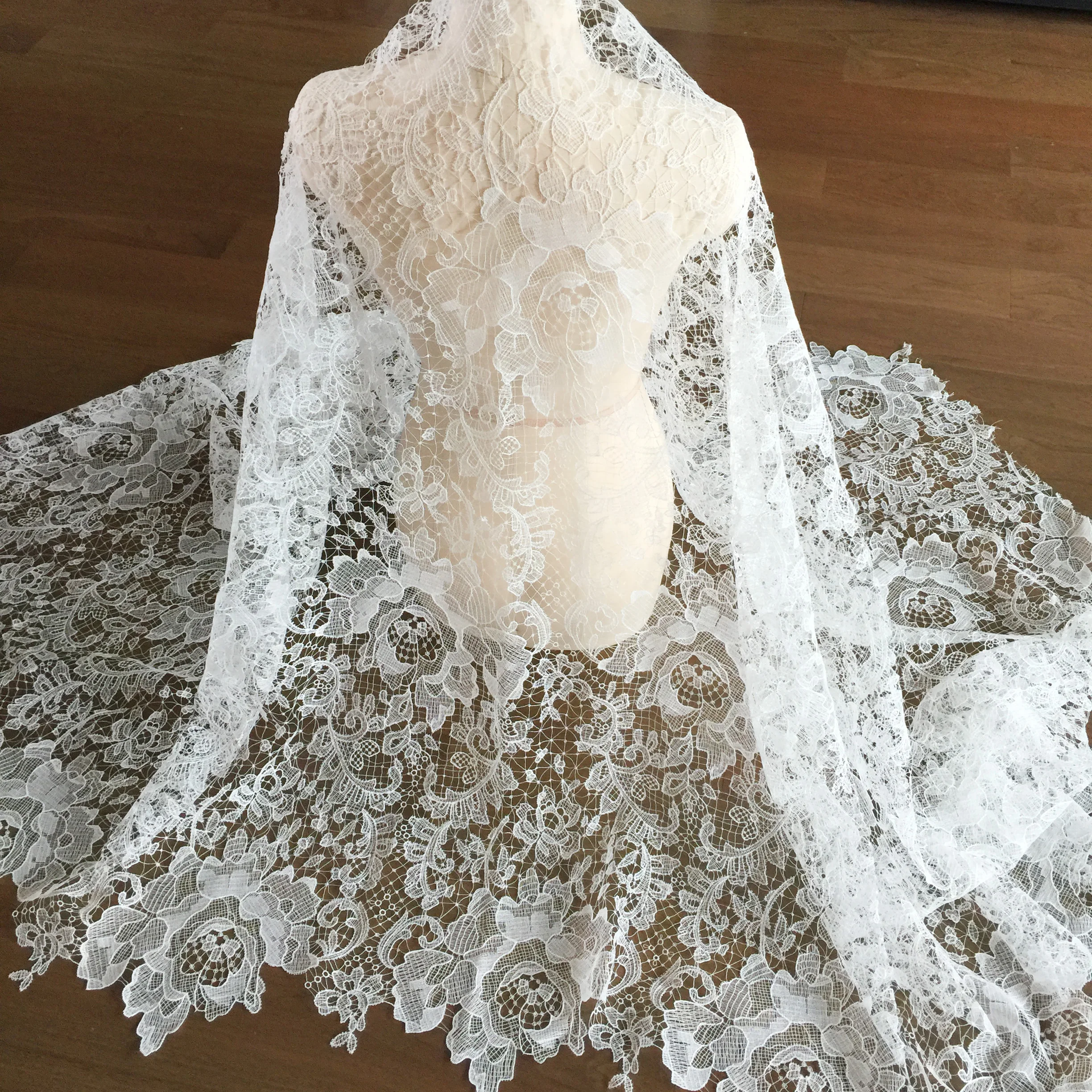 1 Yard Ivory Exquisite Alencon Lace Fabric with Crochet Pattern Floral Emrboidery Fabric for Wedding Gown, Lace Caps 2