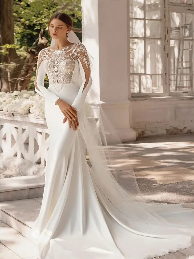 2025 Abiti da sposa da donna a maniche lunghe in pizzo girocollo