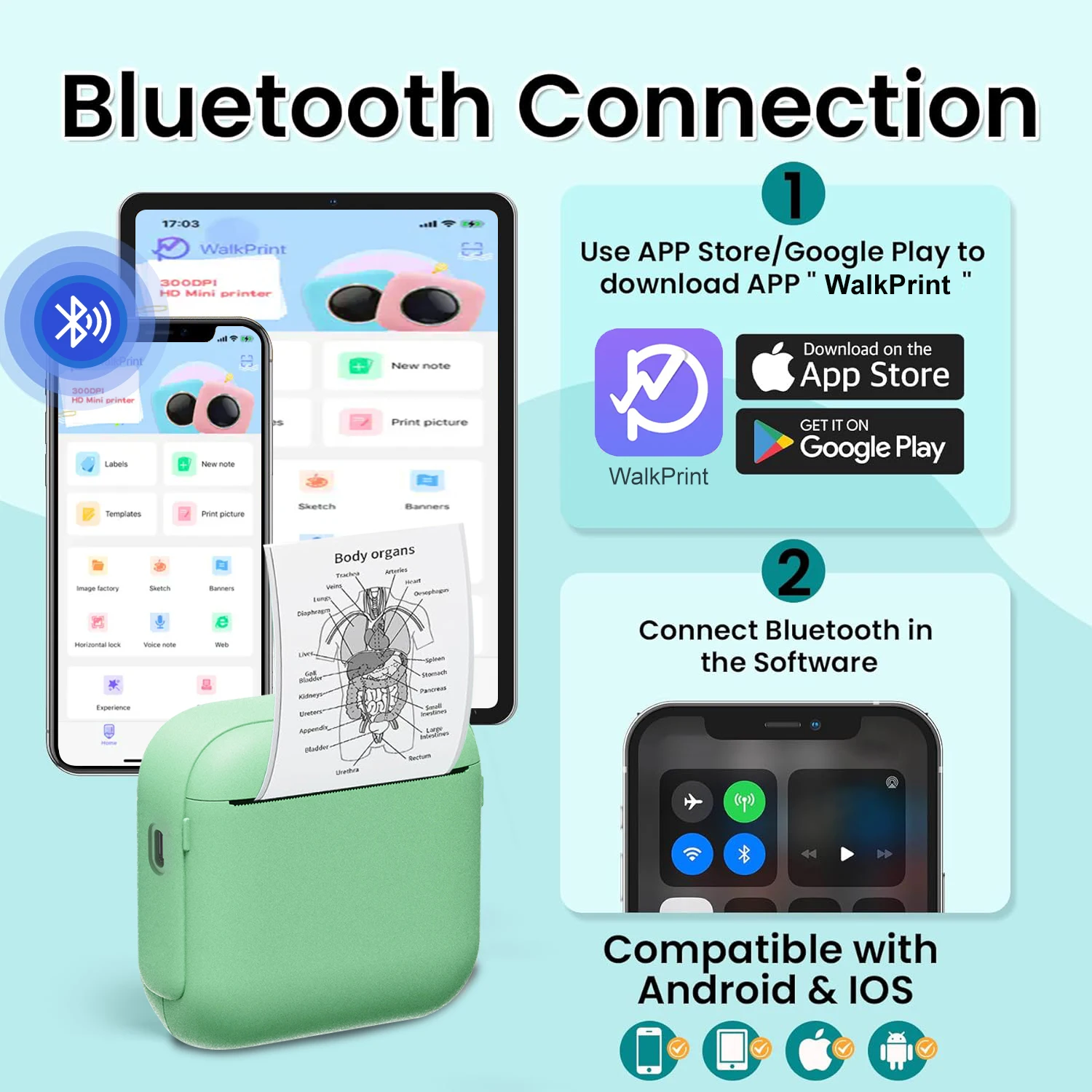 미니 휴대용 프린터 무잉크 자가 접착 열전사 프린터 (저널 노트 메모 리스트 태그 사진 스티커 라벨 인쇄 기계)