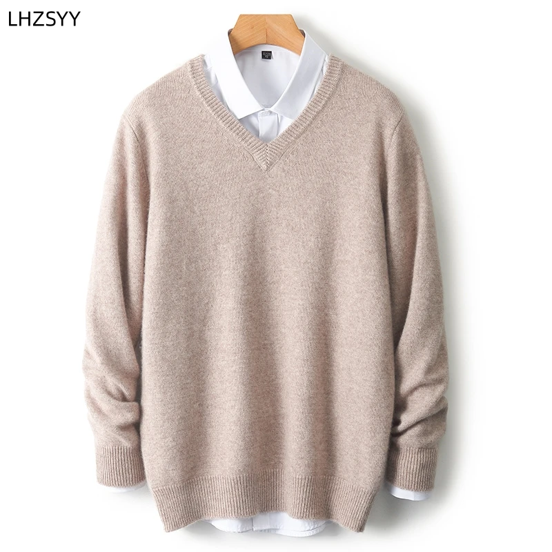 LHZSYY Men's V-Neck Cashmere Sweater 23Autumn Winter New Thick Solid Pullovers Loose Knit Base Shirt Business Casual Jacket Tops 2