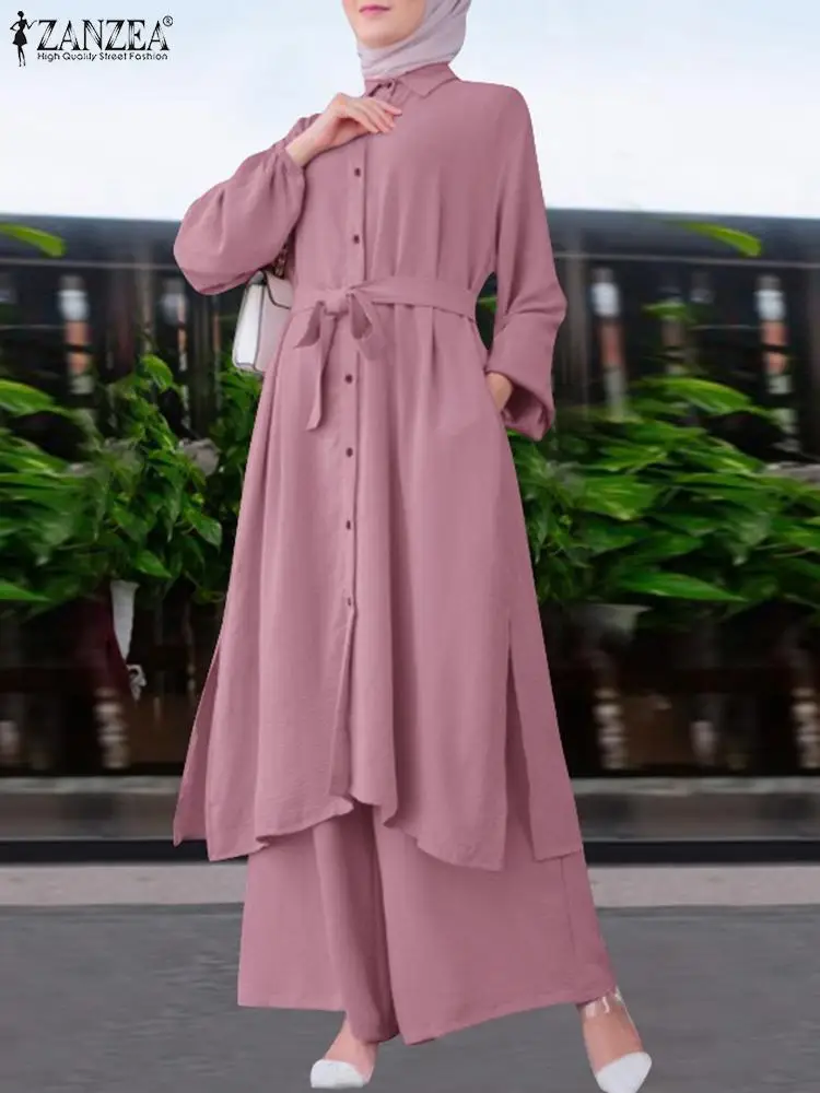 

Осенний Женский комплект ZANZEA, костюм мусульманской абаи, повседневный Длинный топ, брюки с широкими штанинами, повседневный однотонный свободный костюм, мусульманская одежда