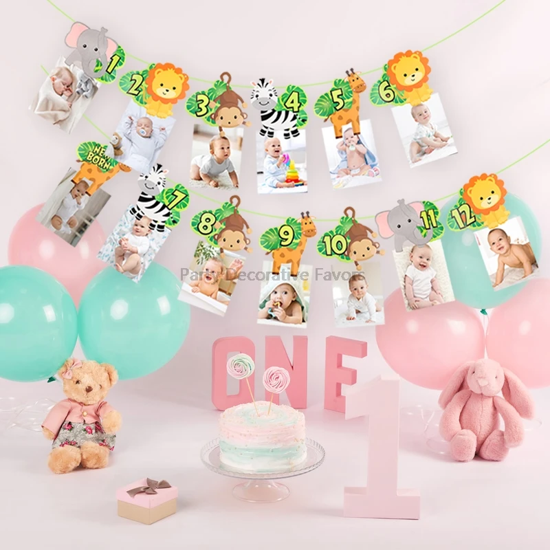 1st Birthday Photo Banner Baby Jungle Safari Birthday Party Lion Tiger Animal Bunting Paper Garland Flags Decoration Wild One