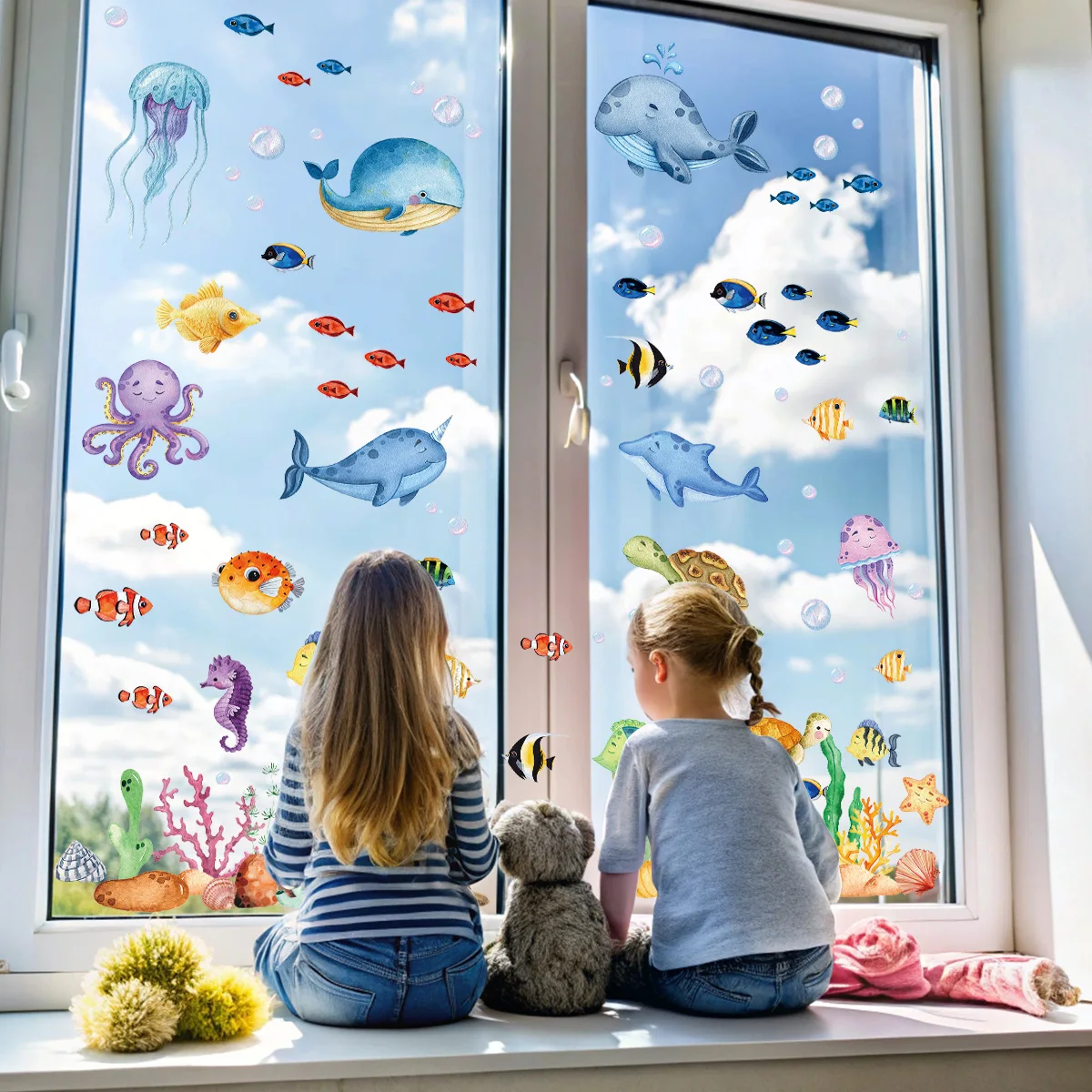 Ocean Window Stickers Under The Sea Turtle Bathroom Decor Stickers for Kids Baby Boy Girl Bedroom Nursery Living Room Classroom wall stickers toilet stickers