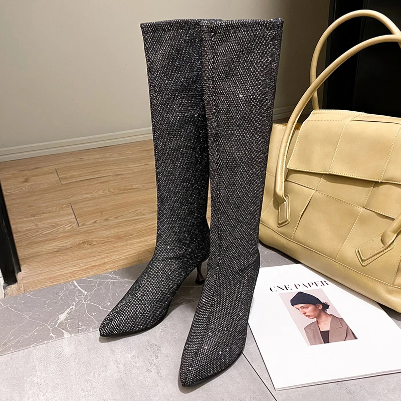 Height heel stretch sock boots women slim leg pointy toe knitted botas