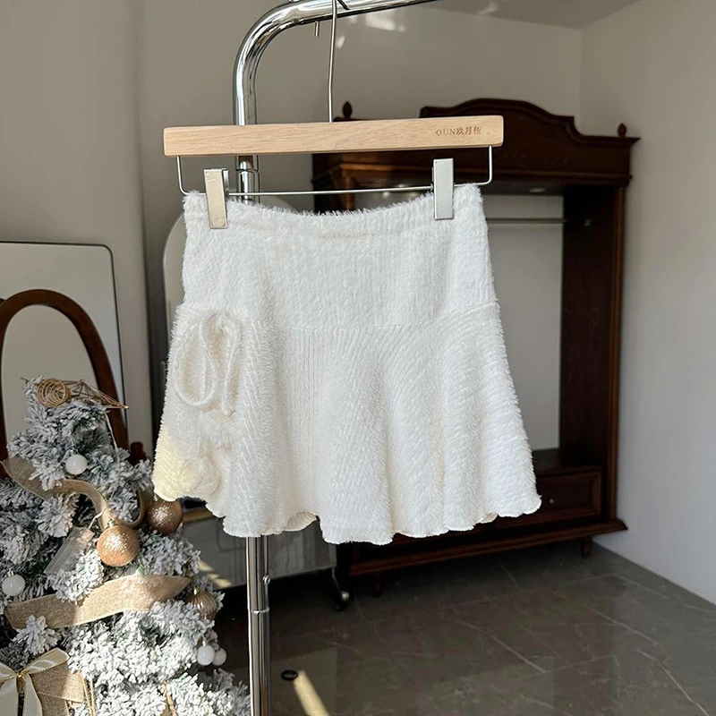 Japanese Kawaii Mini Skirts Women Preppy White High Waist A Line Skirt Winter Ladies Korean Cute Lace Up Chic Faldas New