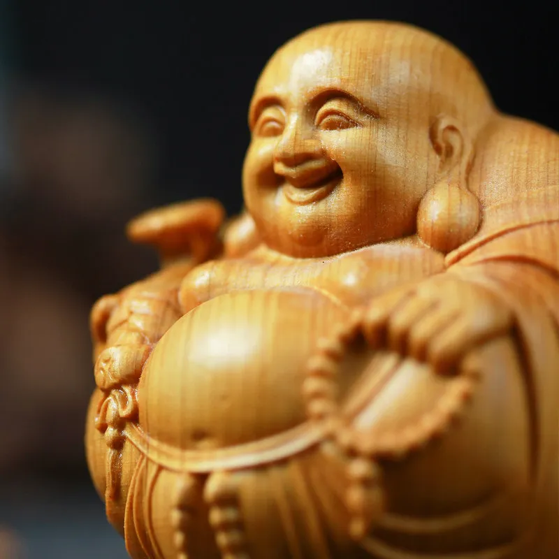 Woodcarving Miniature Desktop Ornaments Maitreya Buddha Wooden Laughing Buddha Craft Gift Chinese Style Handle Buddhist supplies