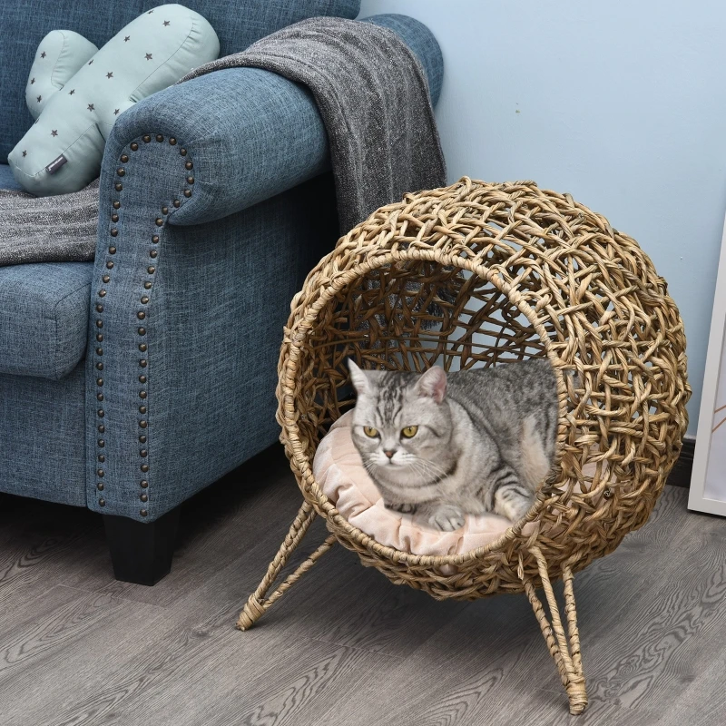 Rattan-Katzenhaus mit Kissen, Katzenbett, Katzenhöhle mit erhöhten Füßen, naturfarben, Ø52 x 58 cm – Detail 8