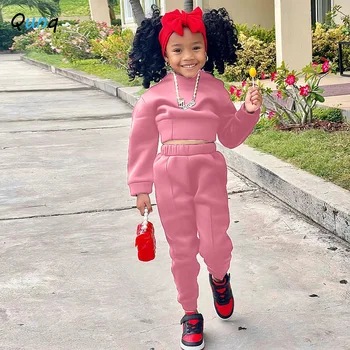 Qunq Children Clothing Autumn Winter Girls New Casual Sports Hoodie Solid Color Hooded Two-piece Set kids clothes 2